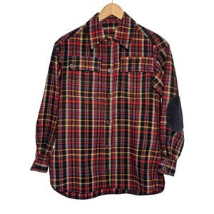1970's Women's 100% Wool Plaid Button Up Shirt Made In Colombia Elbow Patches